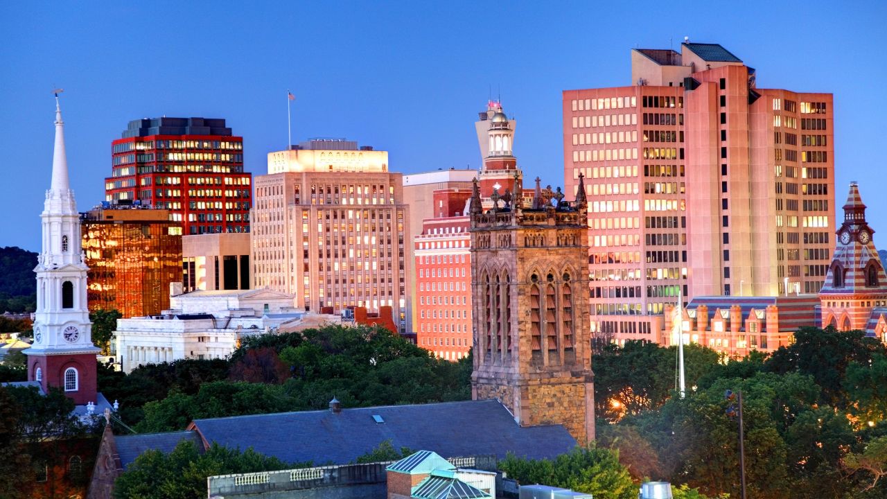 The New Haven, Connecticut skyline at dusk
