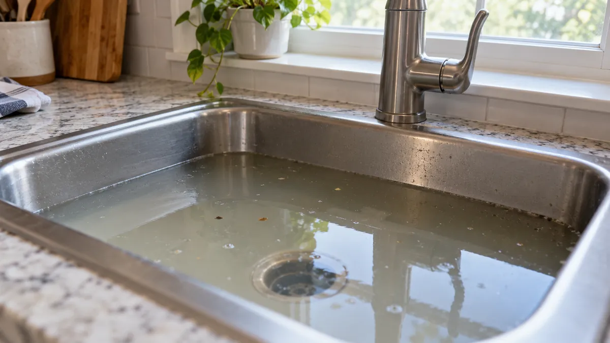 Standing cloudy water in a kitchen sink with the faucet turned off