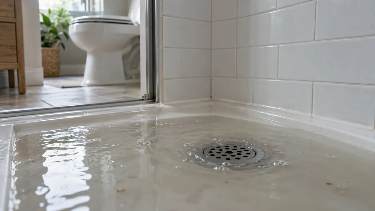 Cloudy water pooled around a shower drain with a toilet in the background