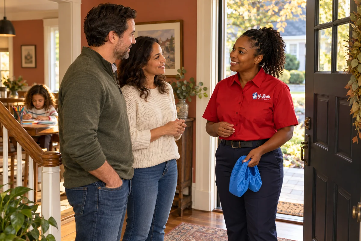 Homeowner feeling reassured while a Mr. Rooter plumber listens and explains the next step