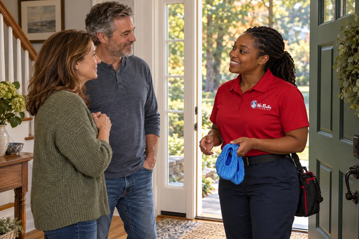 Homeowner feeling reassured while a Mr. Rooter plumber listens and explains the next step