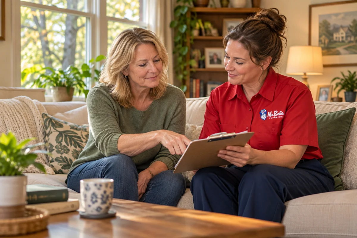 Homeowner feeling reassured while a Mr. Rooter plumber listens and explains the next step