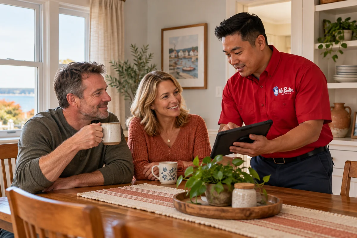 Homeowner feeling reassured while a Mr. Rooter plumber listens and explains the next step
