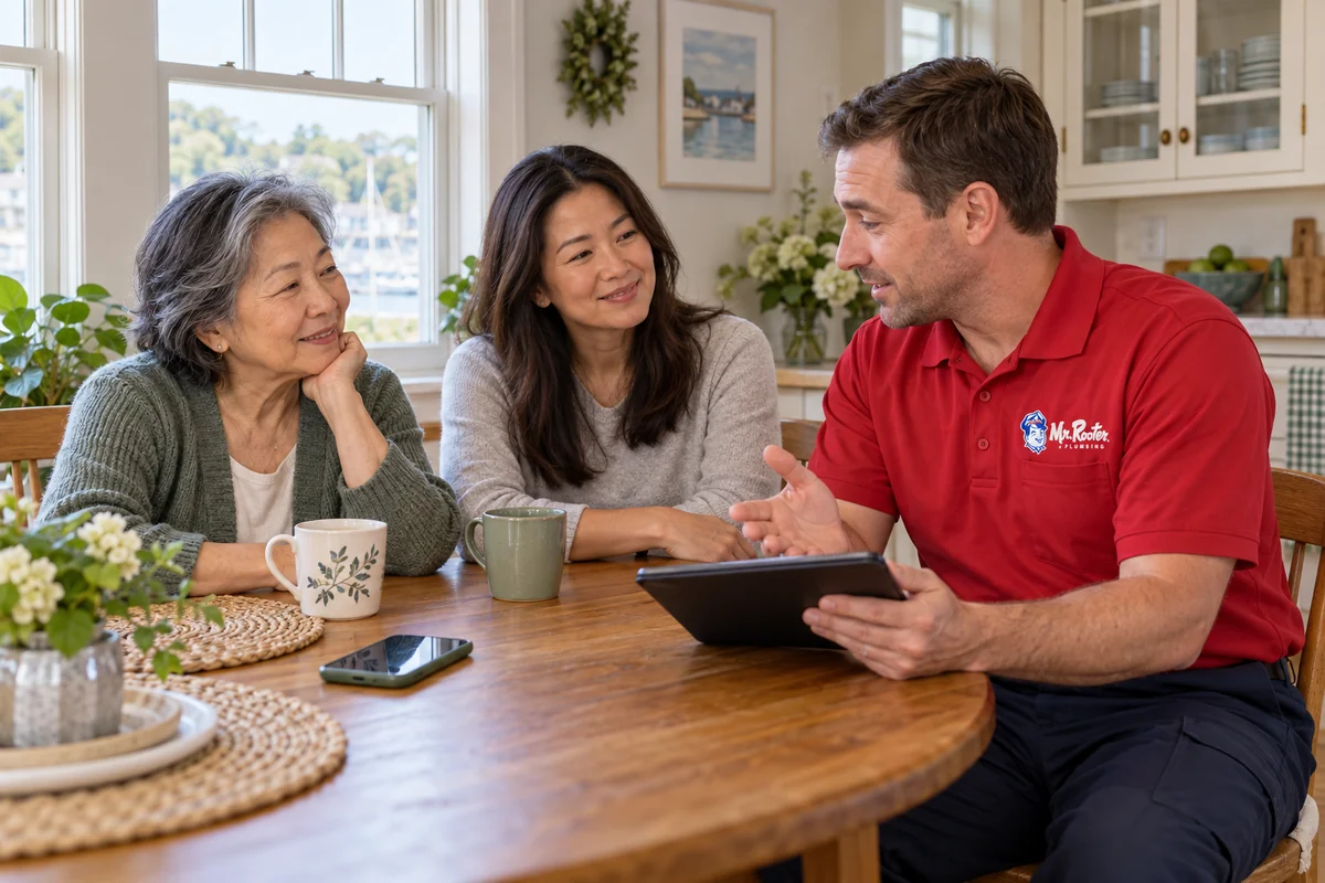Homeowner feeling reassured while a Mr. Rooter plumber listens and explains the next step