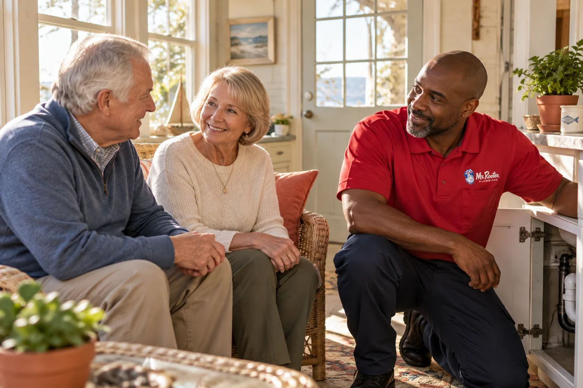 Homeowner feeling reassured while a Mr. Rooter plumber listens and explains the next step