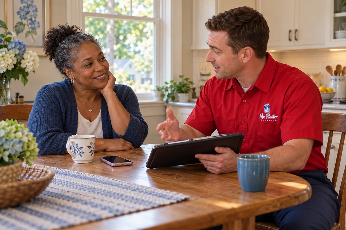 Homeowner feeling reassured while a Mr. Rooter plumber listens and explains the next step