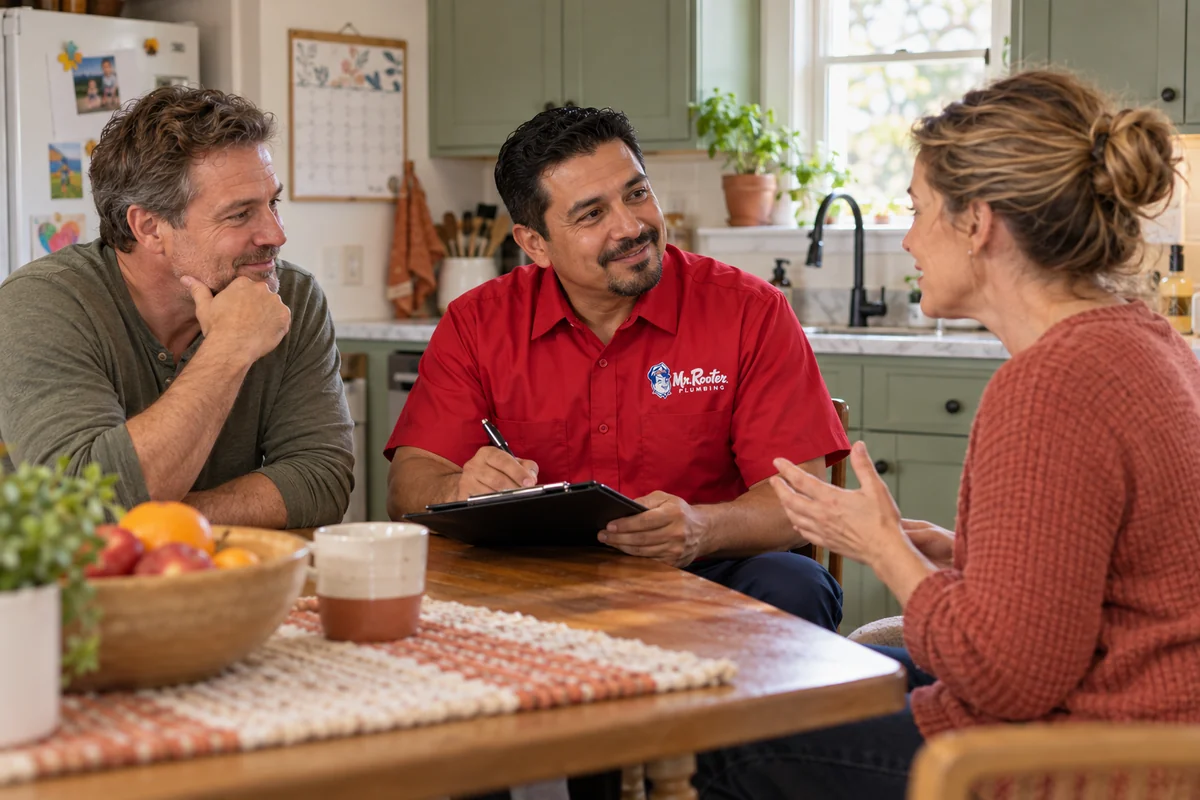 Homeowner feeling reassured while a Mr. Rooter plumber listens and explains the next step