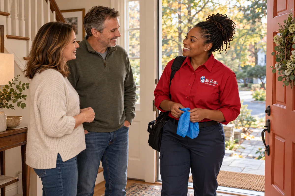 Homeowner feeling reassured while a Mr. Rooter plumber listens and explains the next step