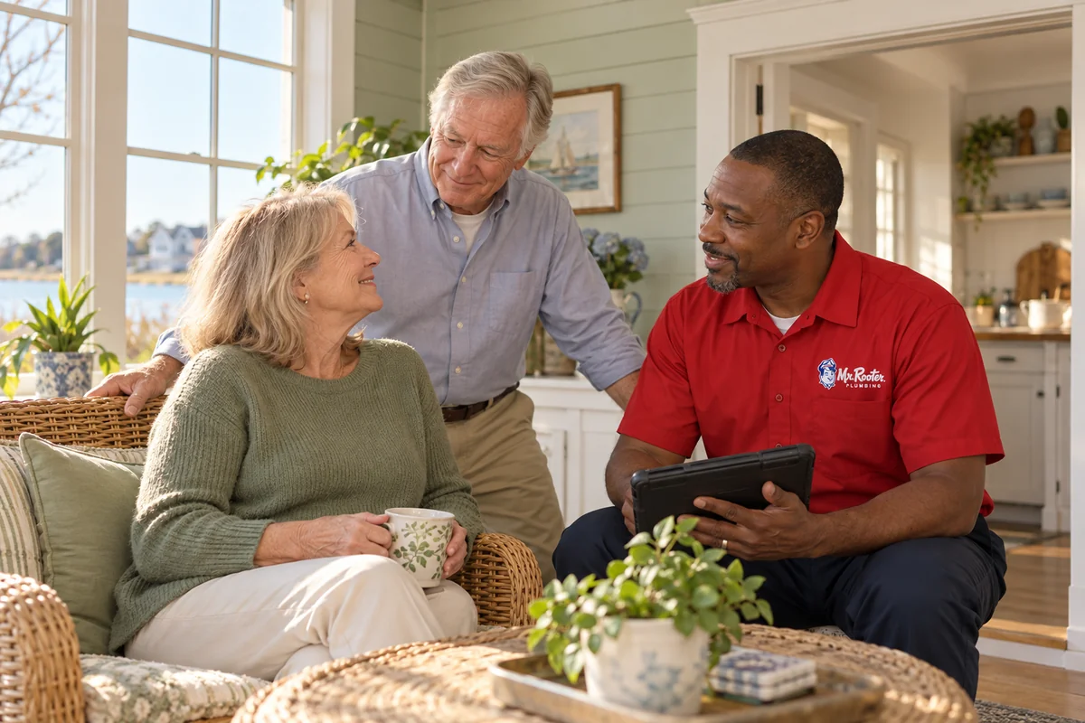 Homeowner feeling reassured while a Mr. Rooter plumber listens and explains the next step