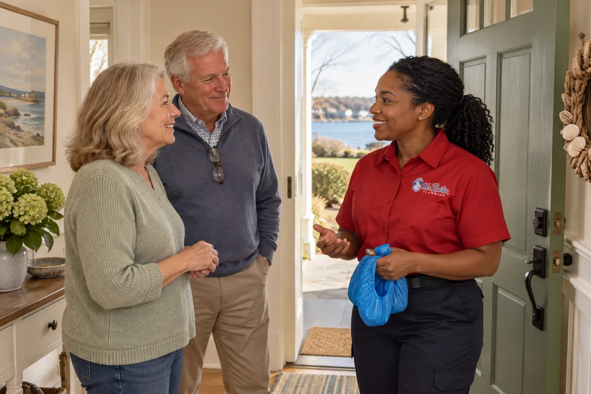 Homeowner feeling reassured while a Mr. Rooter plumber listens and explains the next step