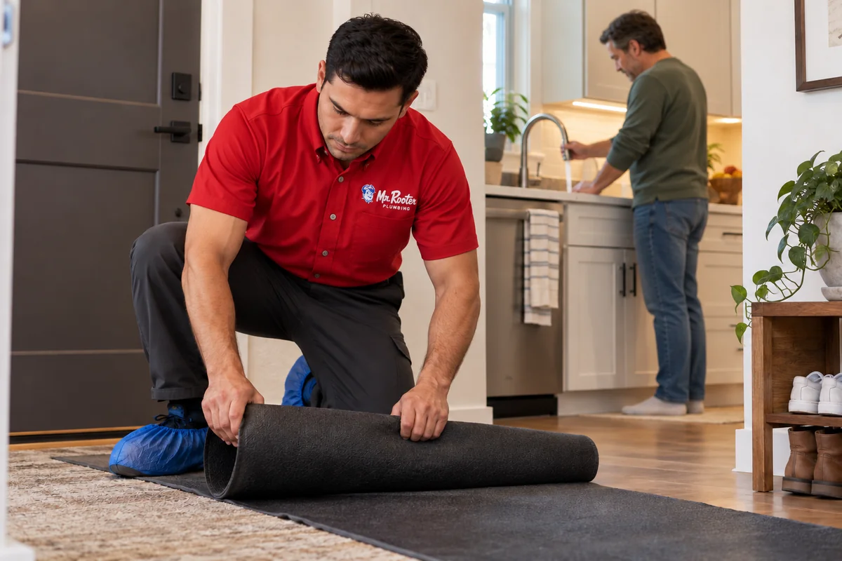 Plumber wearing shoe covers carefully removing a protective floor mat