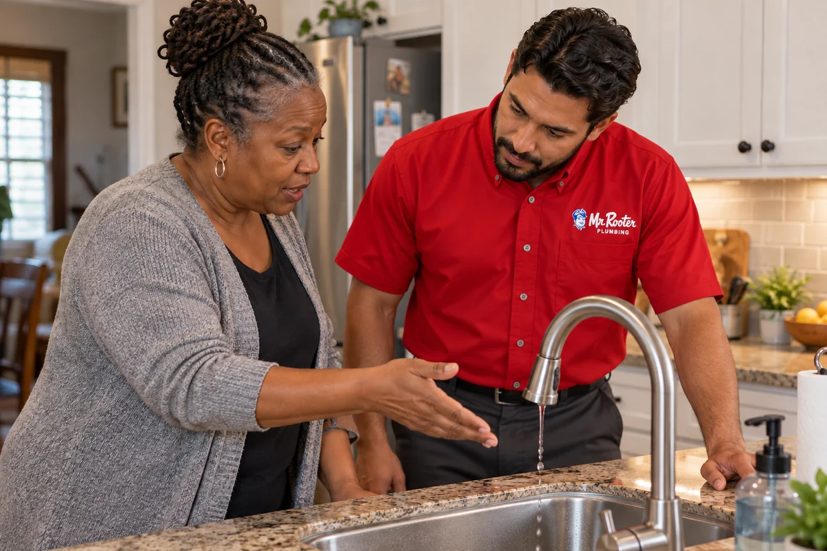Plumber listening to a homeowner describing a dripping kitchen faucet