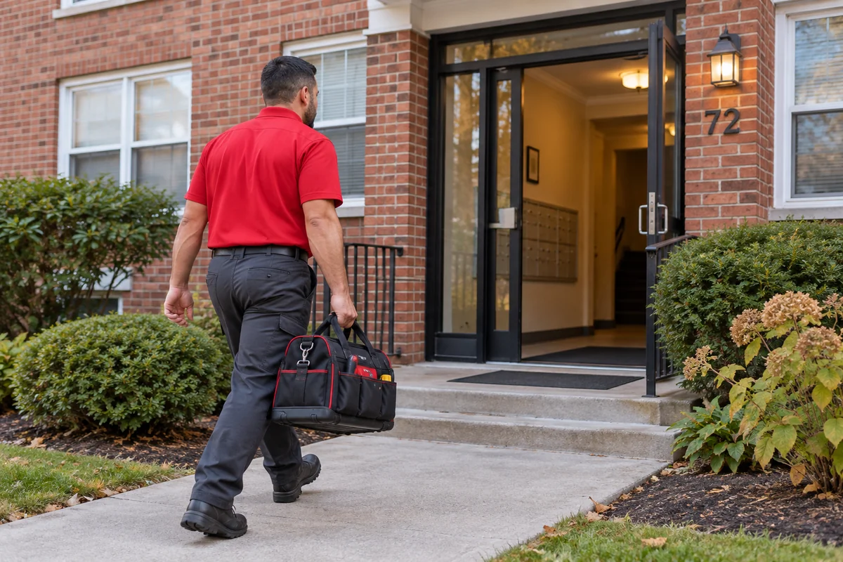 Plumber arriving at an apartment building with a tool bag