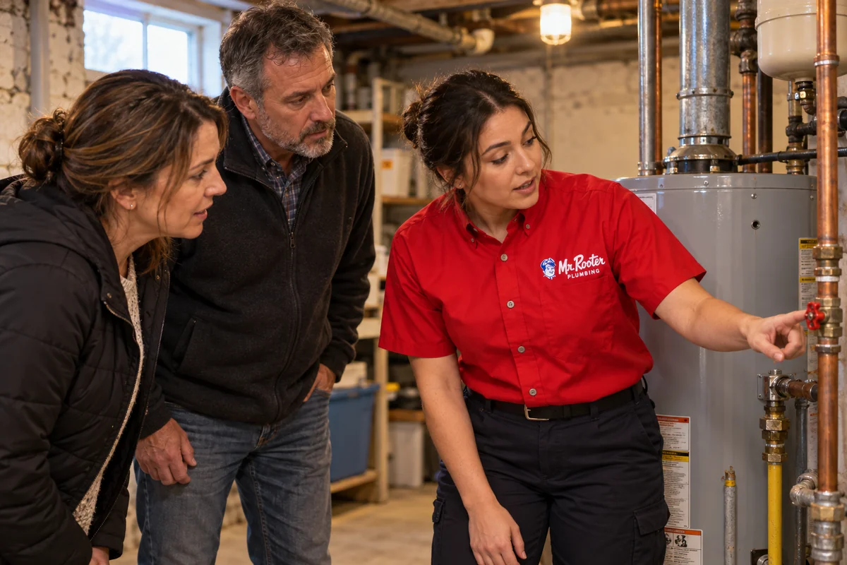Property managers discussing a water heater with a plumber in a red Mr. Rooter shirt