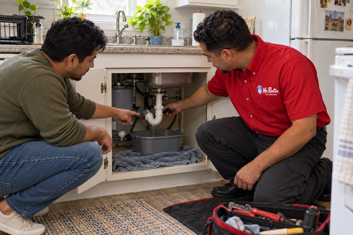 Plumber inspecting a kitchen drain while a male apartment tenant explains the leak