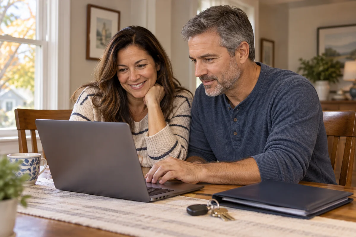 A couple reviewing a service appointment for their rental property