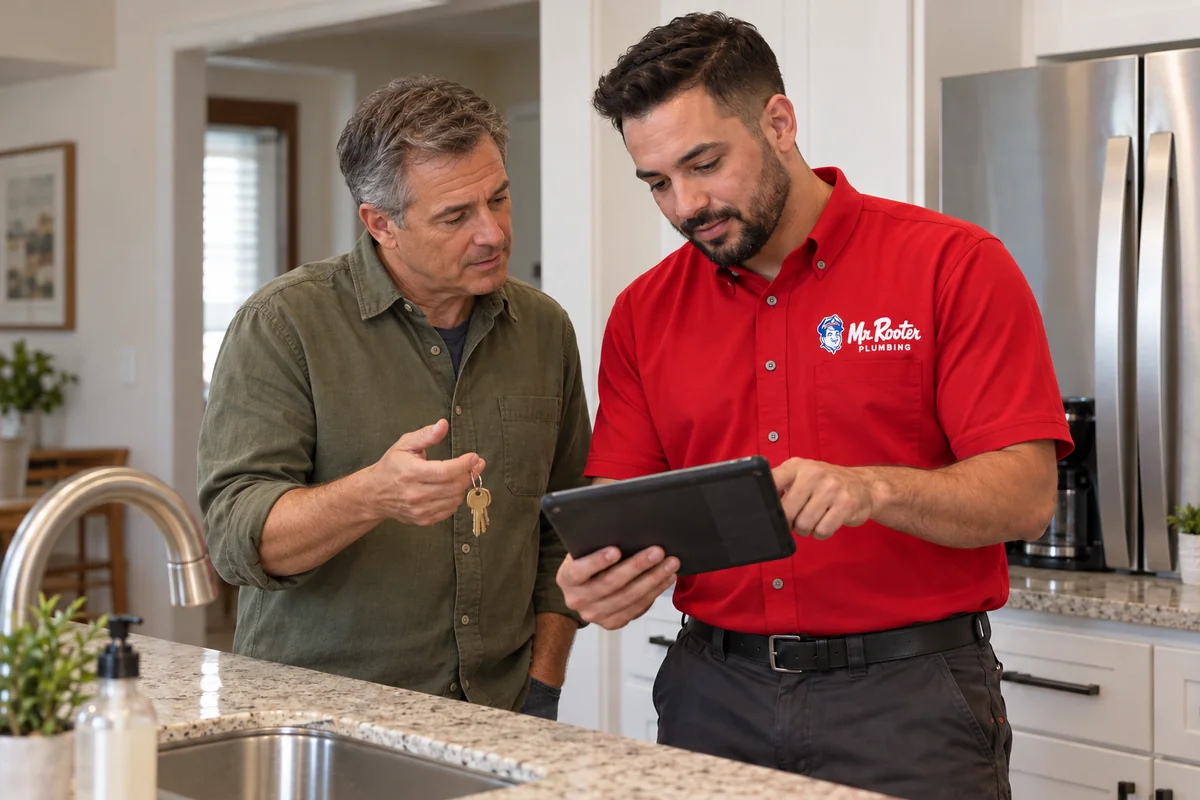 Landlord reviewing repair options with a plumber in a red Mr. Rooter shirt