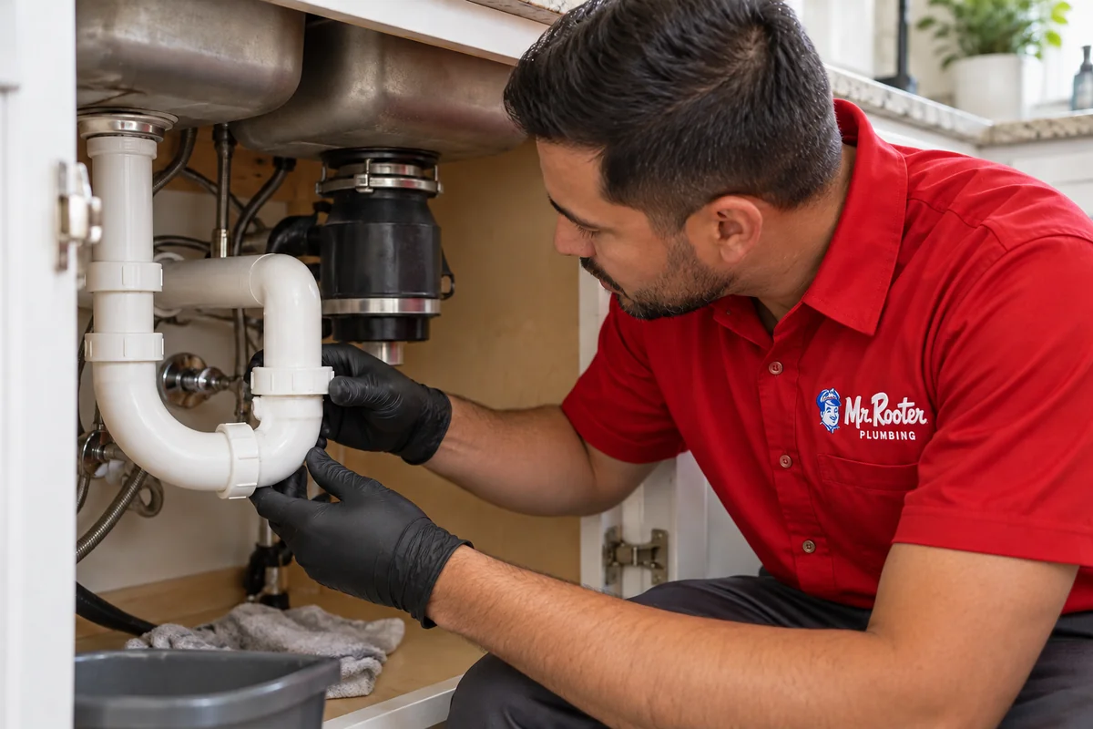 Gloved plumber inspecting a kitchen drain connection