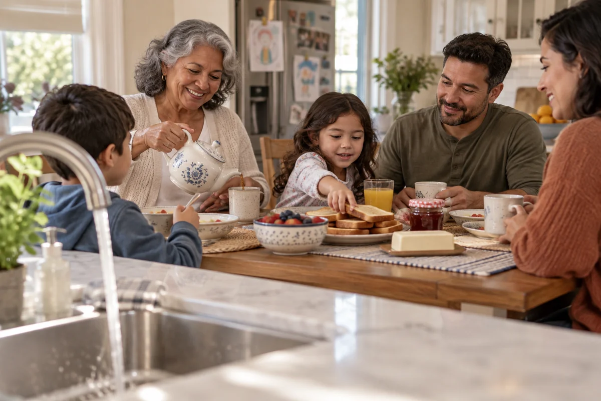 A family enjoying a relaxed morning in their kitchen