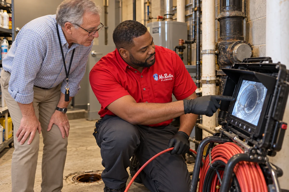 Plumber and male property manager reviewing a plumbing camera inspection