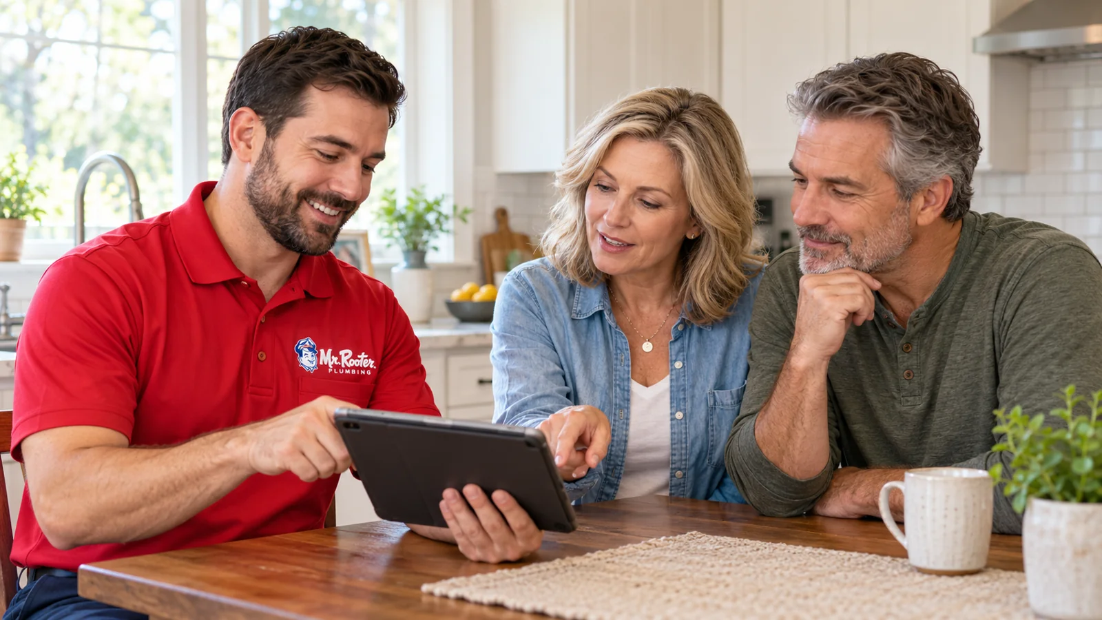 Homeowner reviewing a plumbing estimate with a service professional